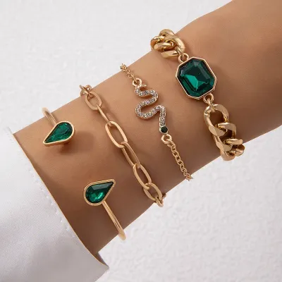 4 pcs Green Rhinestone Snake Bracelet Set